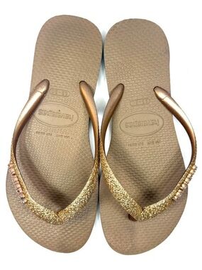 Havaianas Girls Gold Glitter Bronze Flip Flops size 3/4 youth eu 35/36